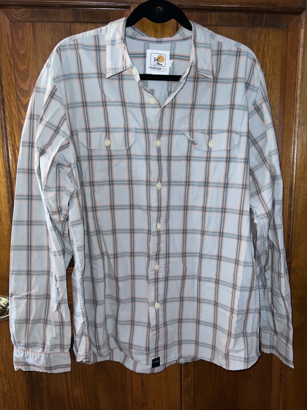 Hollister White Plaid Button-Up Shirt with Gray and Orange Lines XL
